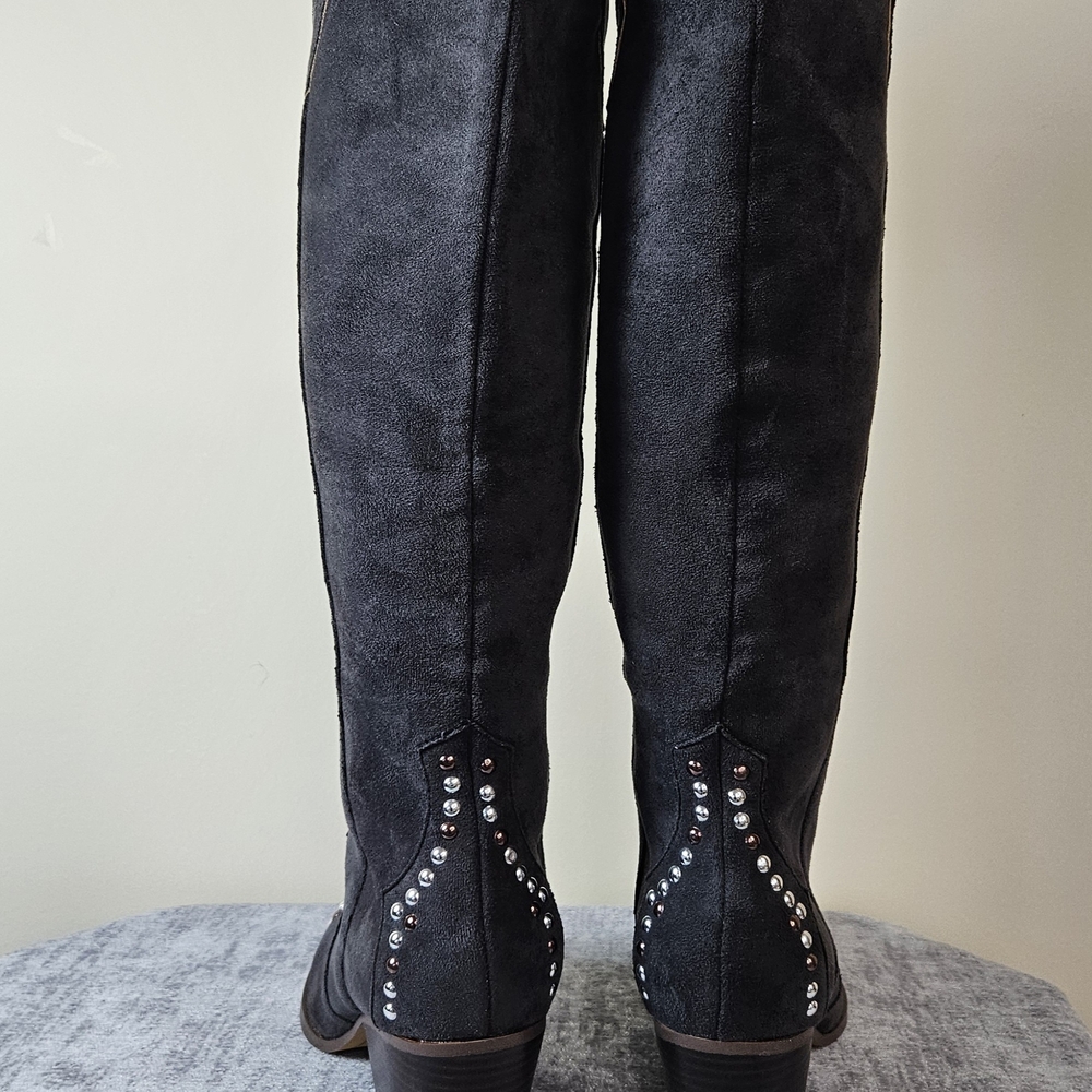 Studded Black Suede Knee-High Heeled Boots - Picture 5 of 12